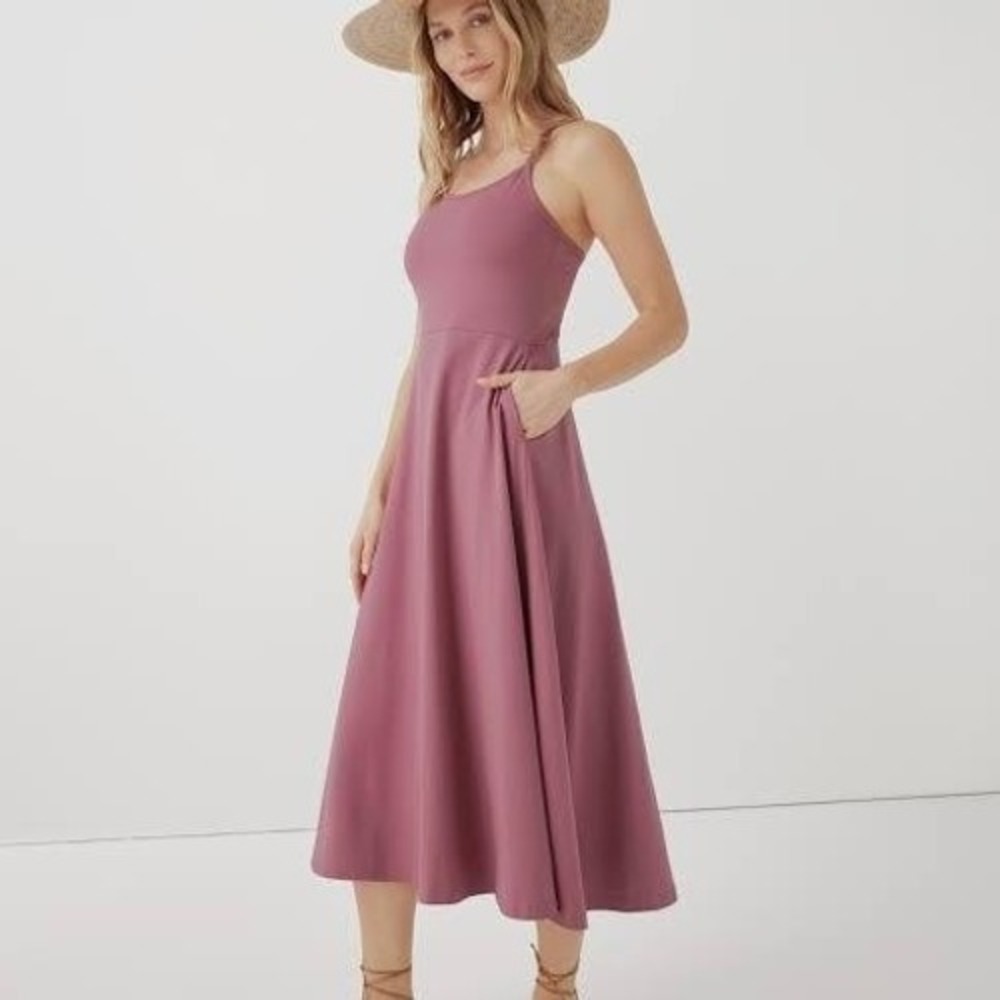 Pact Womens Medium Fit and Flare Midi Dress Heathered Rose Pink Organic Cotton